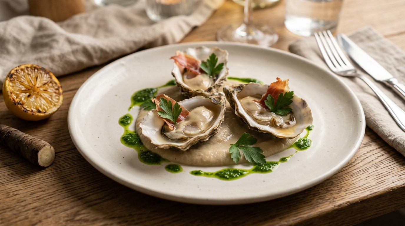 Sint-Jacobs Oesters met Schorseneren en Peterselie Coulis