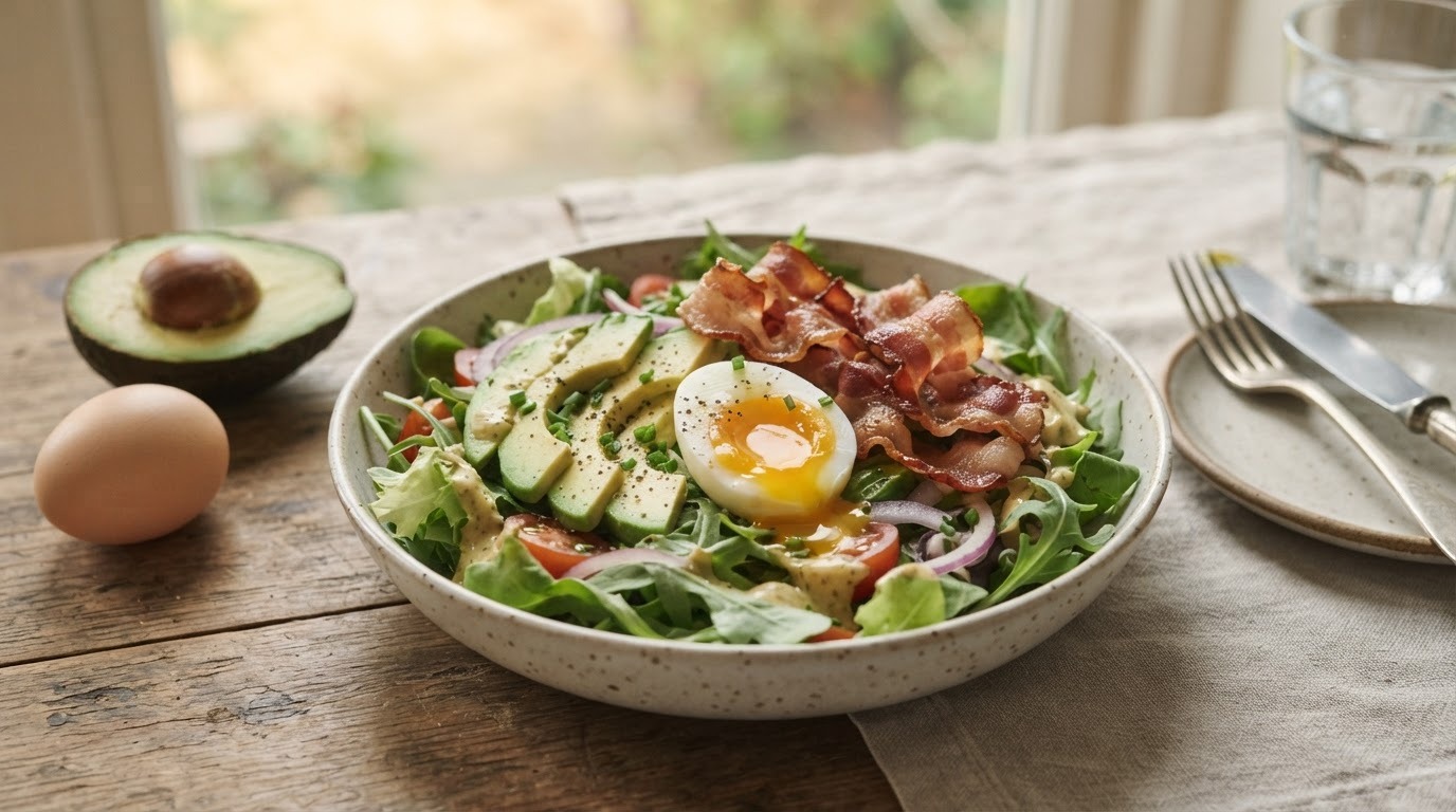 Sla met Avocado, Ontbijtspek en ei