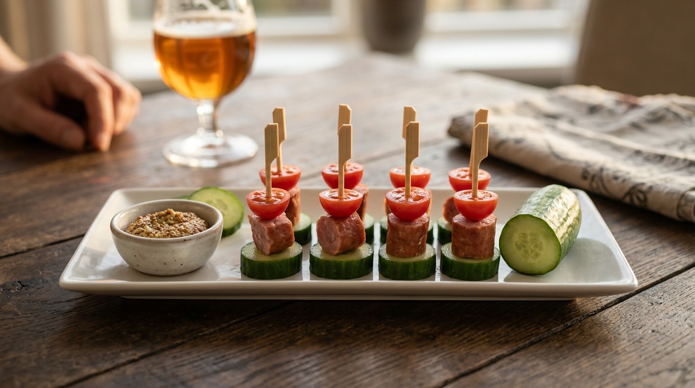 Snackje van Worst, Komkommer en Tomaat recept Snackje van Worst, Komkommer en Tomaat recept