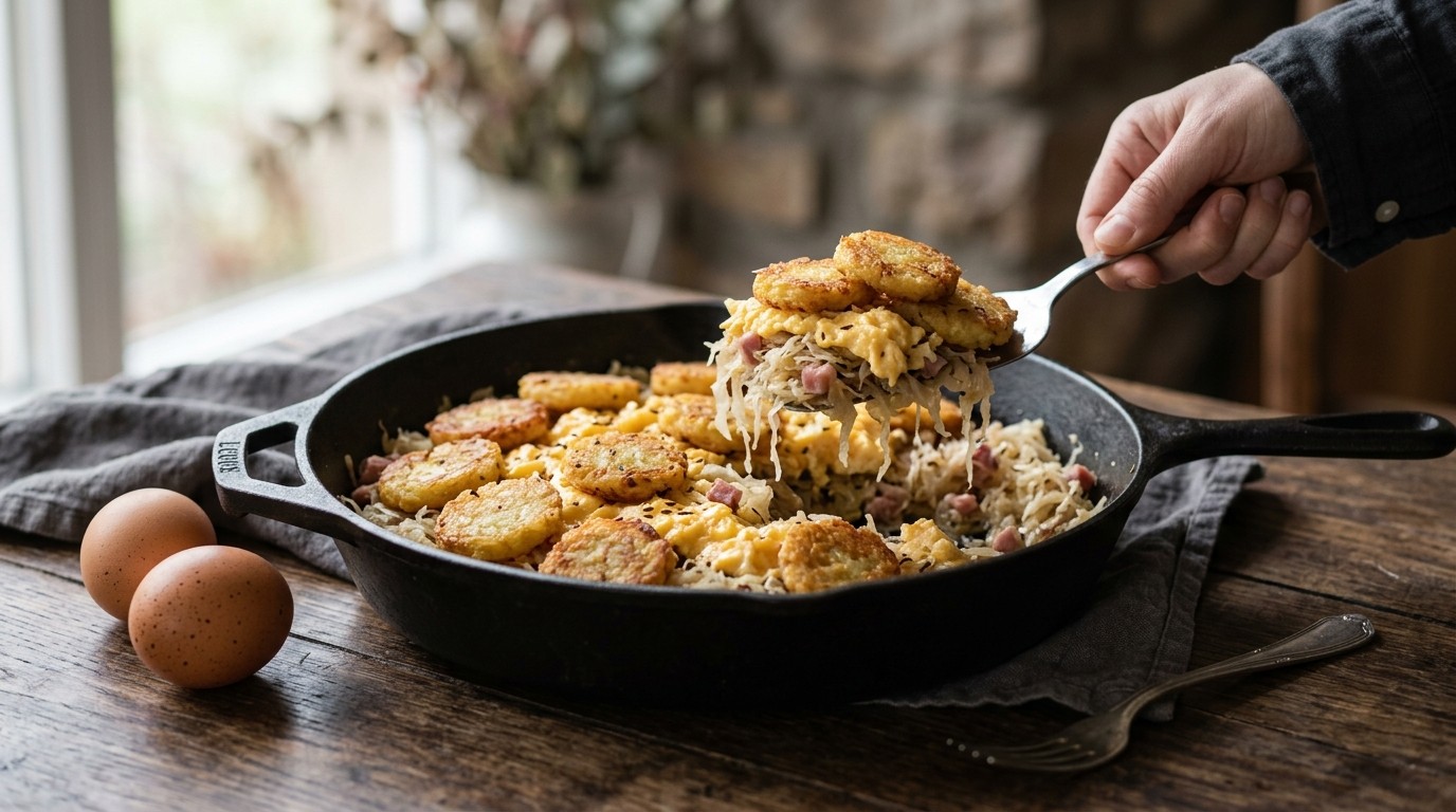 Snelle Zuurkoolschotel met Roerei en Rösti