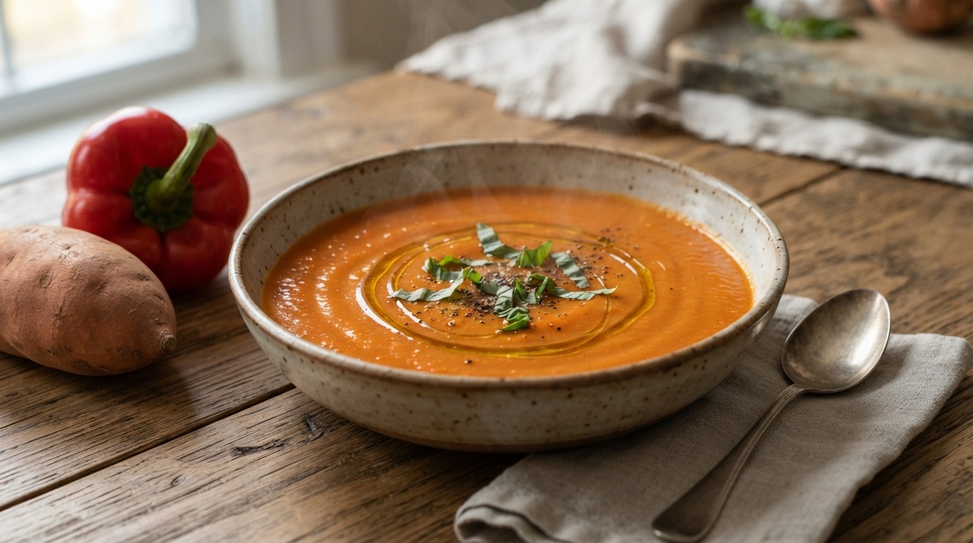 Soep van Rode Paprika en Zoete Aardappelen recept Soep van Rode Paprika en Zoete Aardappelen recept