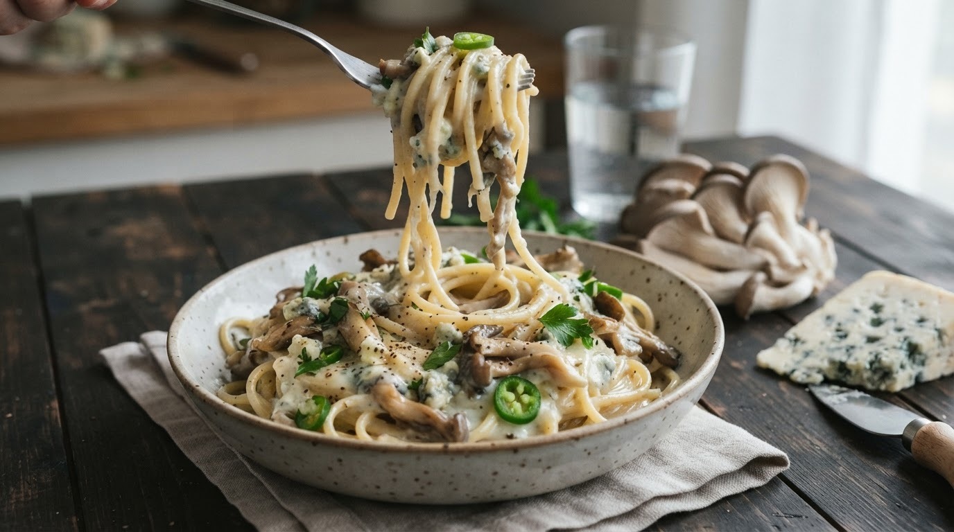 Spagetti met Oesterzwammen en Blauwe Adertjes Kaas recept Spagetti met Oesterzwammen en Blauwe Adertjes Kaas recept