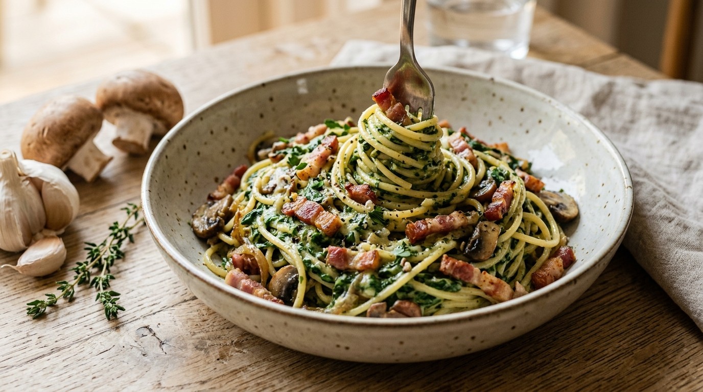 Spaghetti a la Spinazie met Spekjes