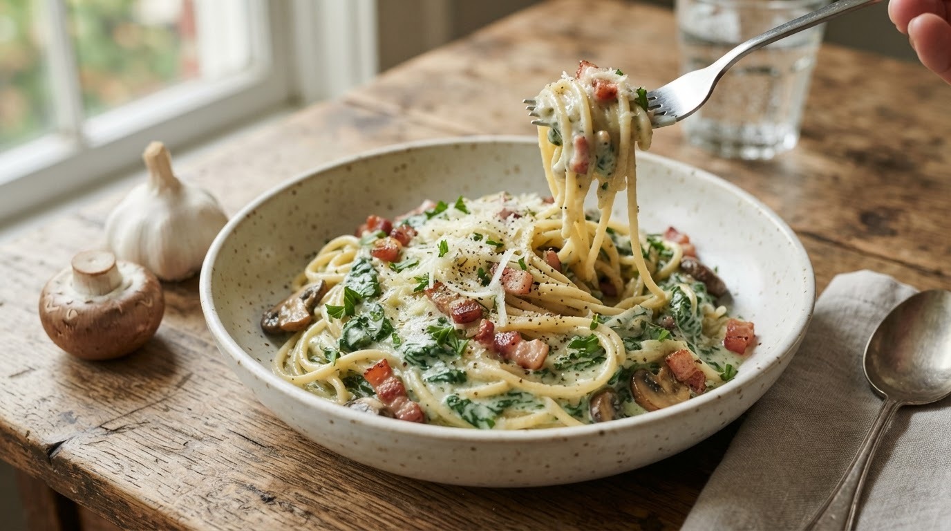 Spaghetti a la Spinazie met Spekjes