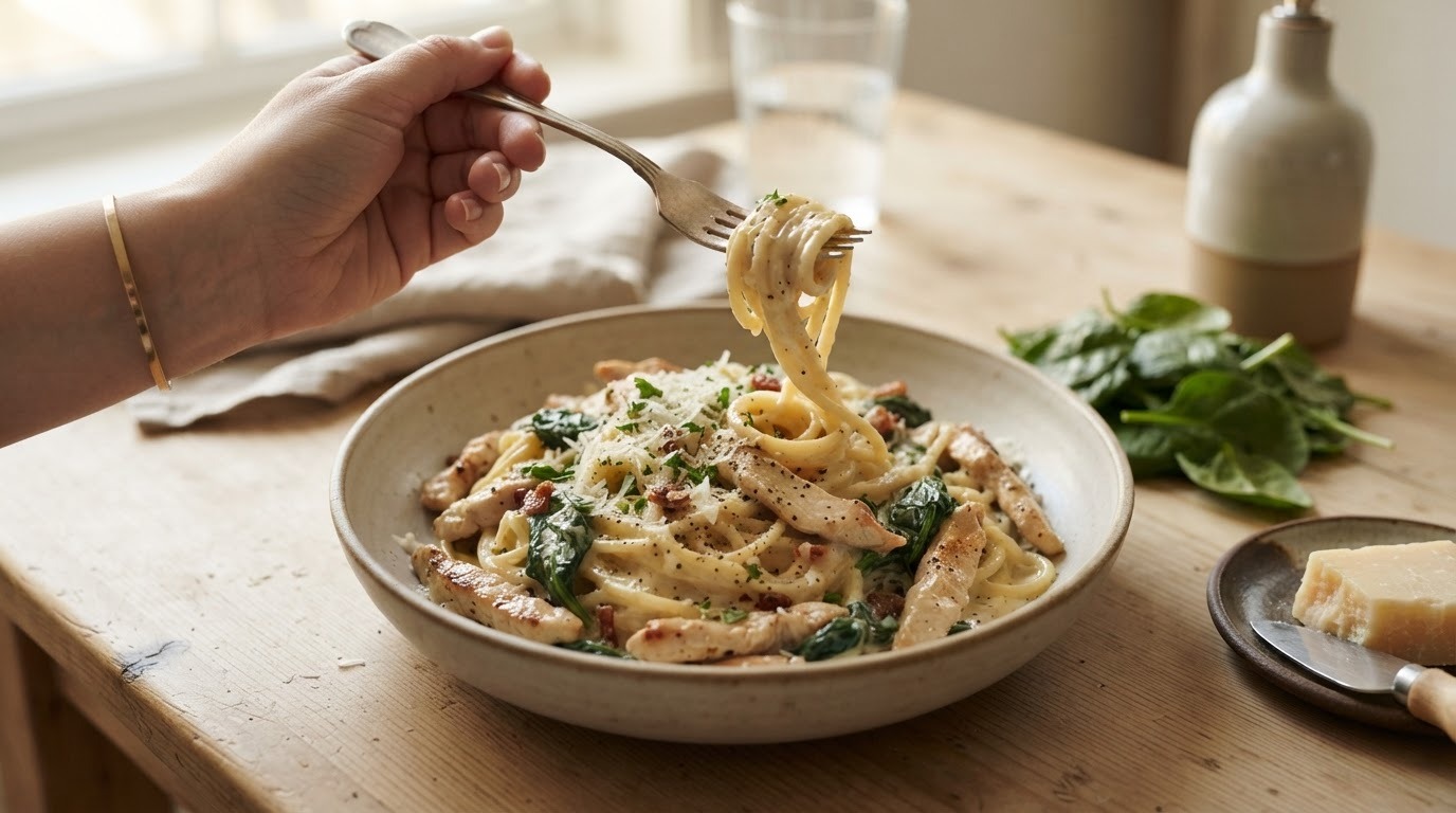 Spaghetti Carbonara met kip en Spinazie