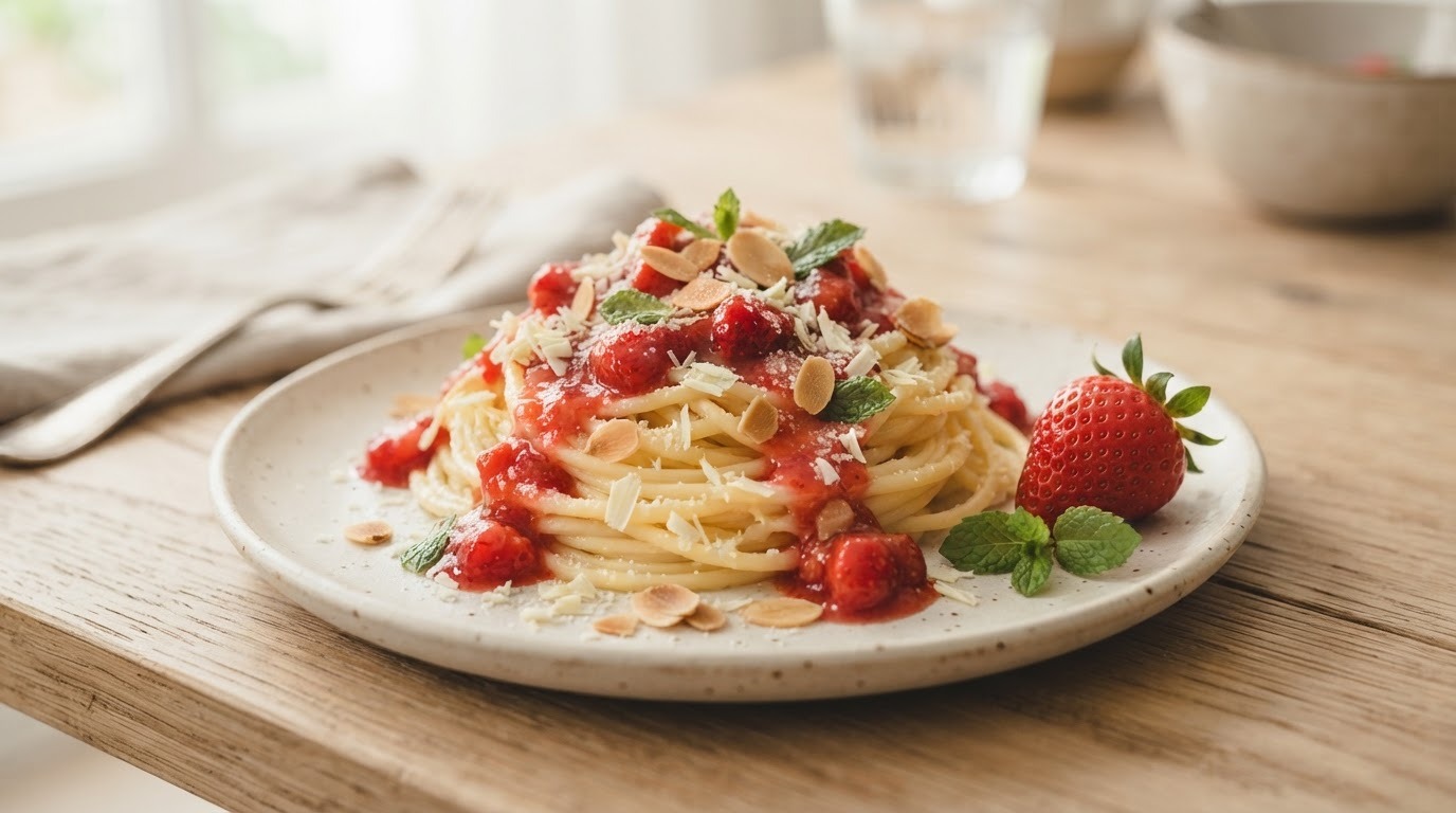 Spaghetti-dessert met Aardbeien recept Spaghetti-dessert met Aardbeien recept