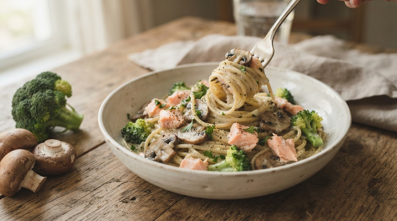Spaghetti Funghi met Zalm