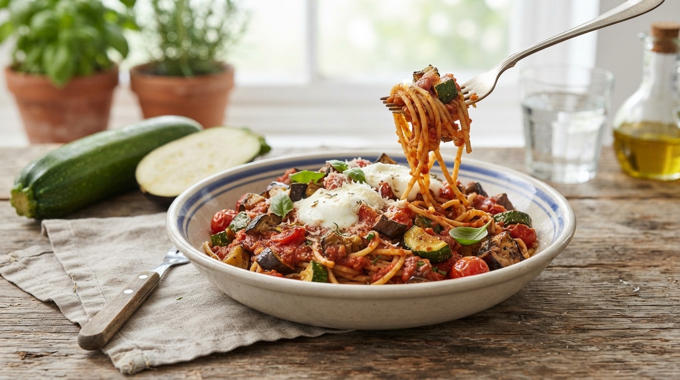 Spaghetti met Aubergine en Courgette