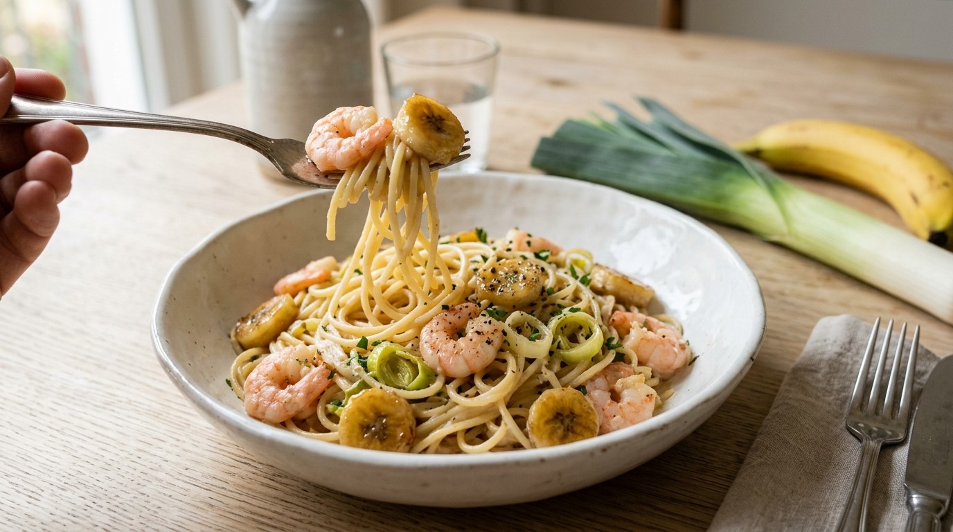 Spaghetti met Garnalen en Banaan recept Spaghetti met Garnalen en Banaan recept