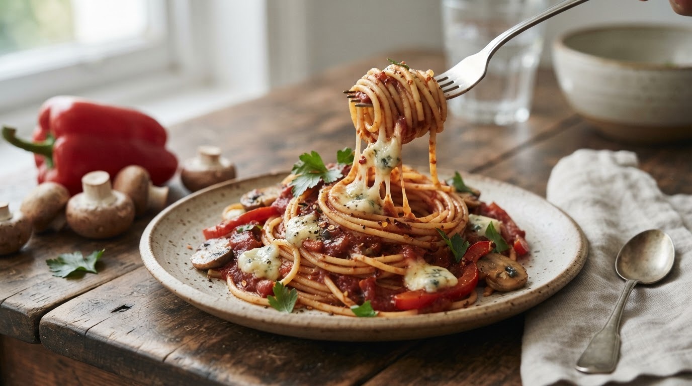 Spaghetti met Kaas en Pittige Saus