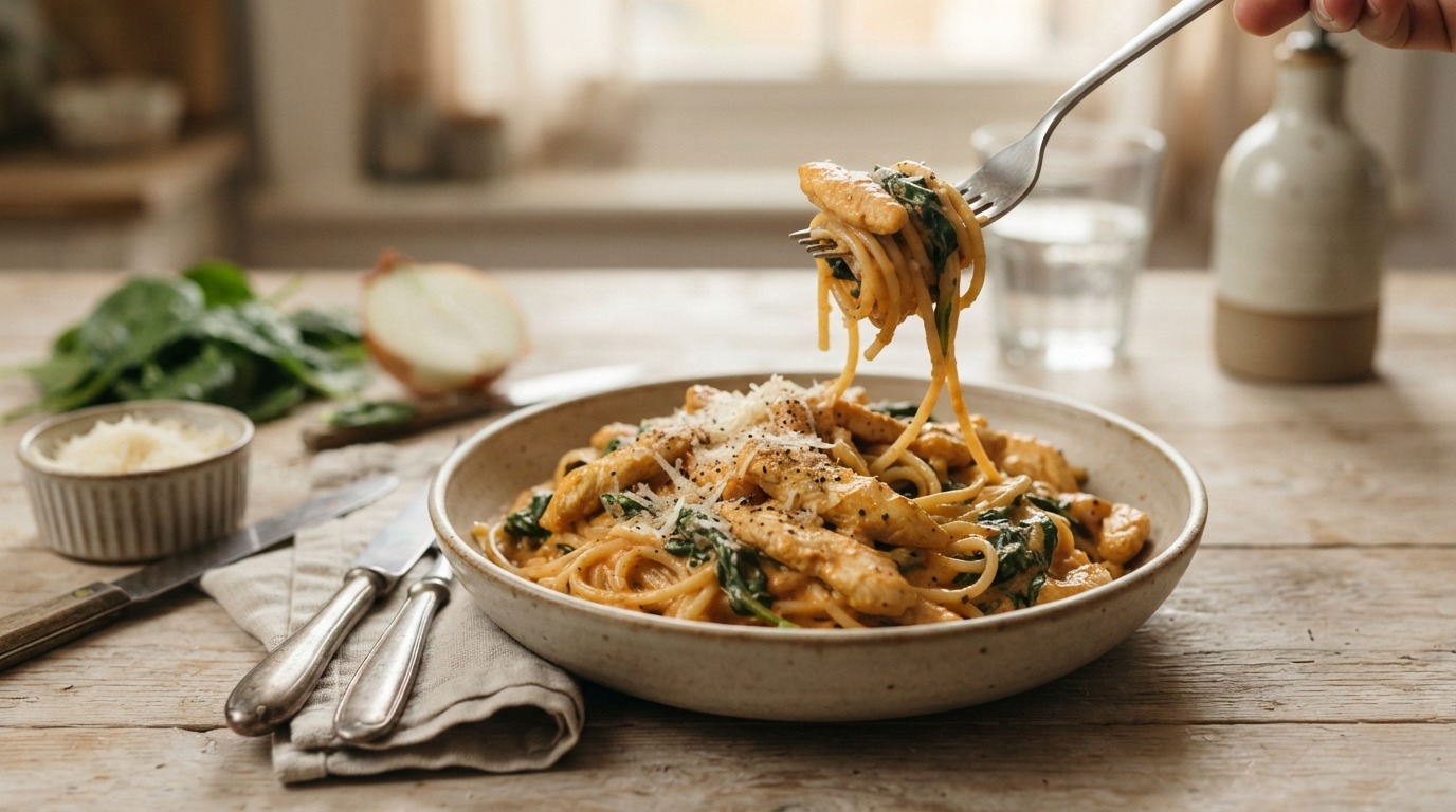 Spaghetti met kip en Verse Spinazie
