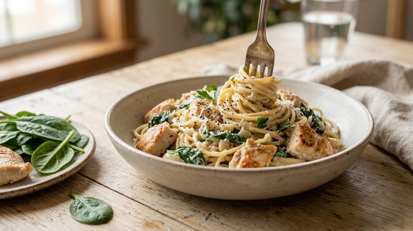 Spaghetti met Kipfilet, Spinazie en Roomkaas