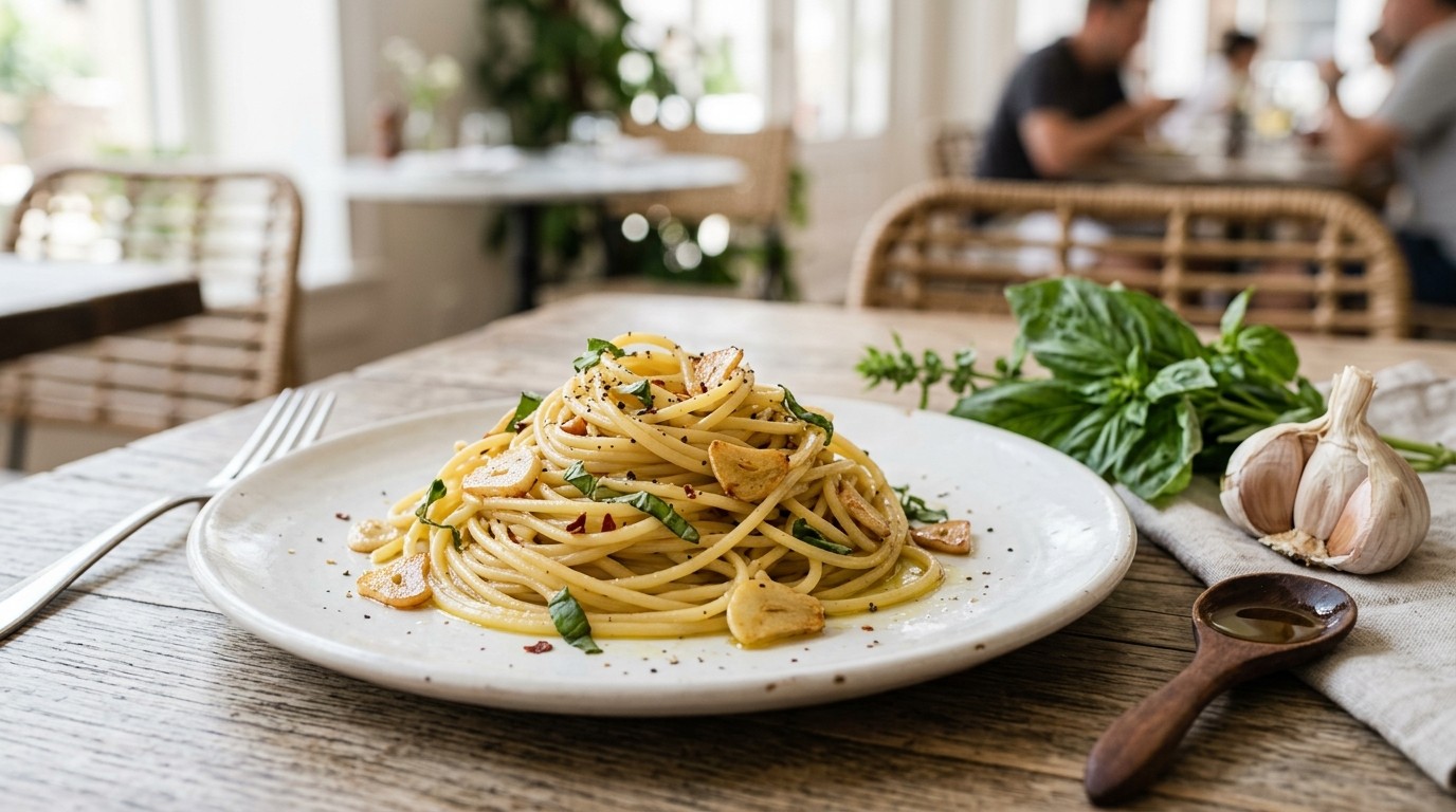 Spaghetti met Knoflook en Basilicum