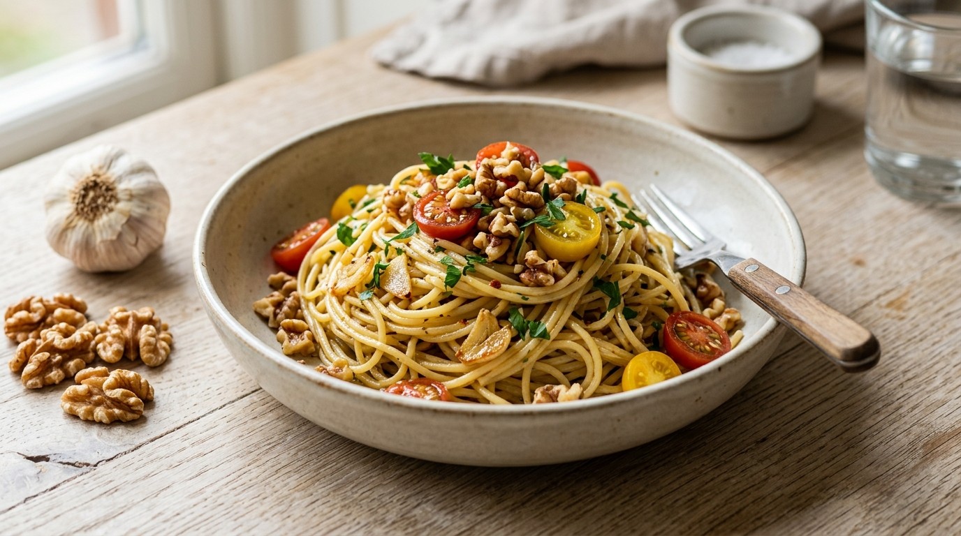 Spaghetti met Knoflook en Nootjes