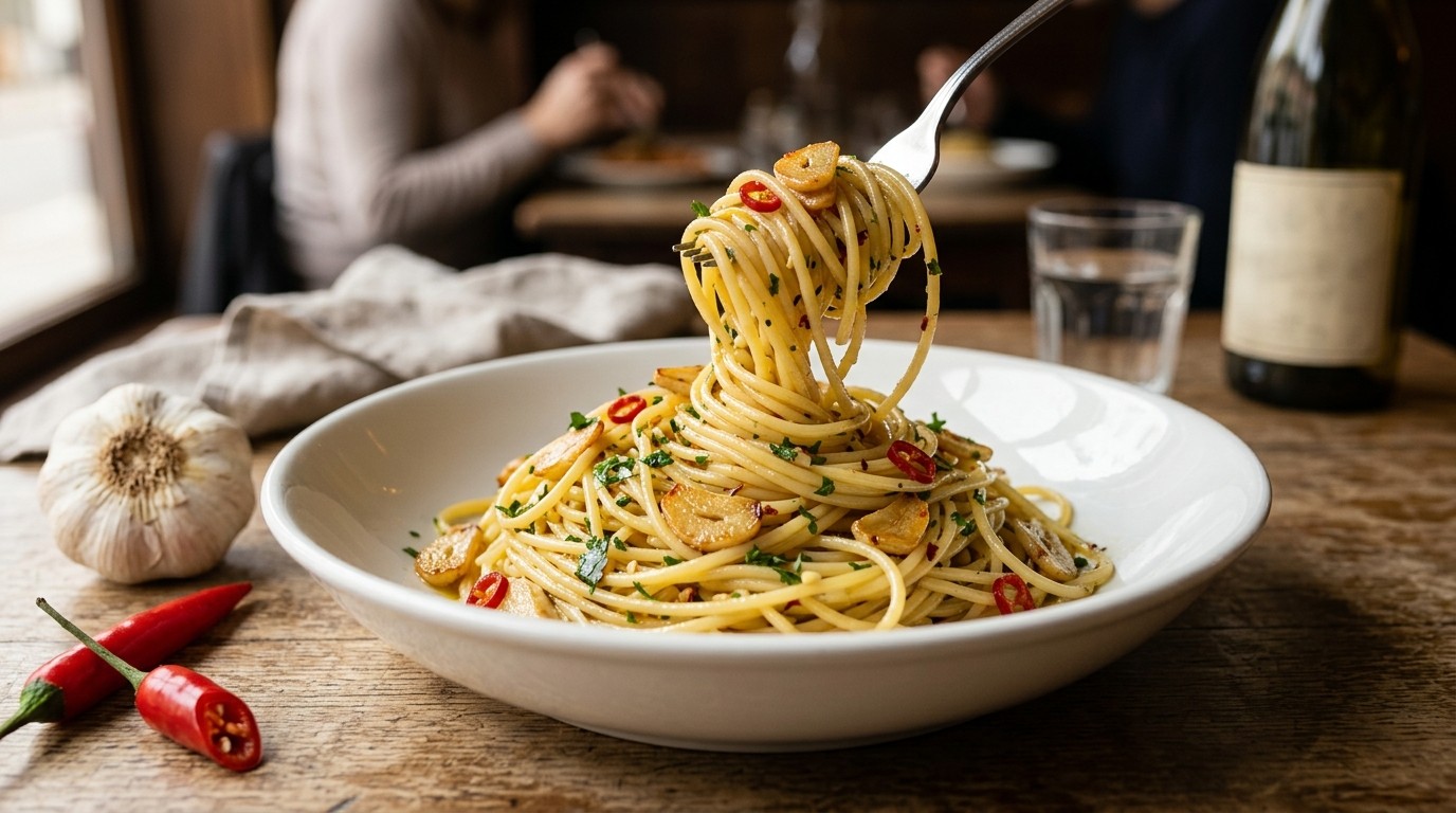 Spaghetti met Knoflookolie en Spaanse Pepers
