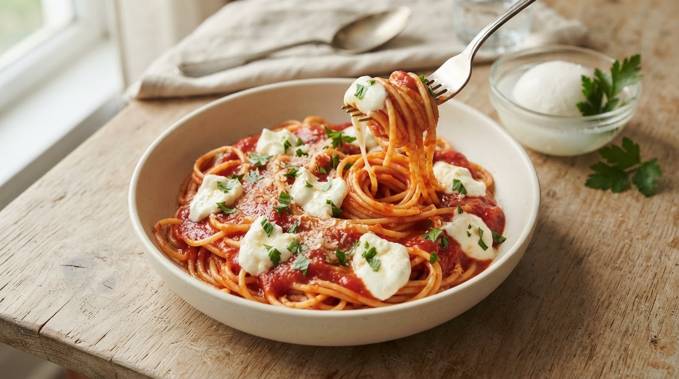 Spaghetti met Pastasaus en Mozzarella