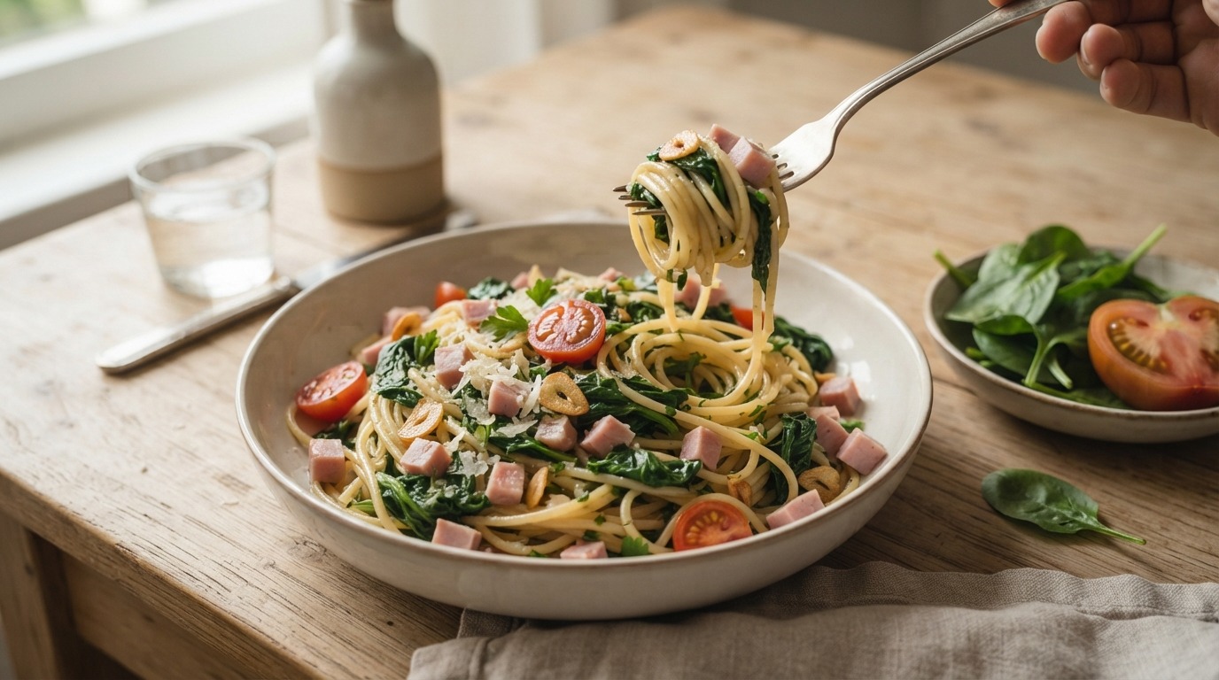 Spaghetti met Spinazie en Hamblokjes