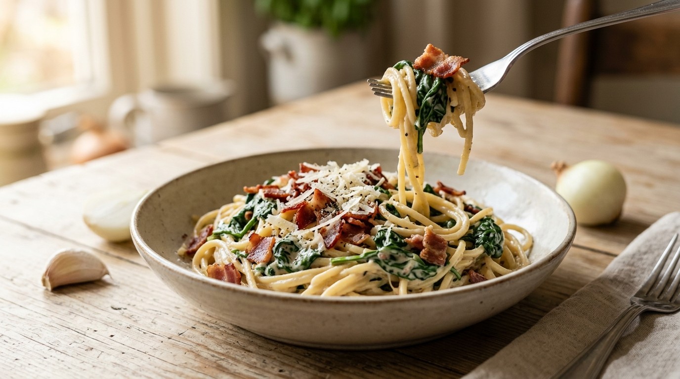 Spaghetti met Spinazie en Spek