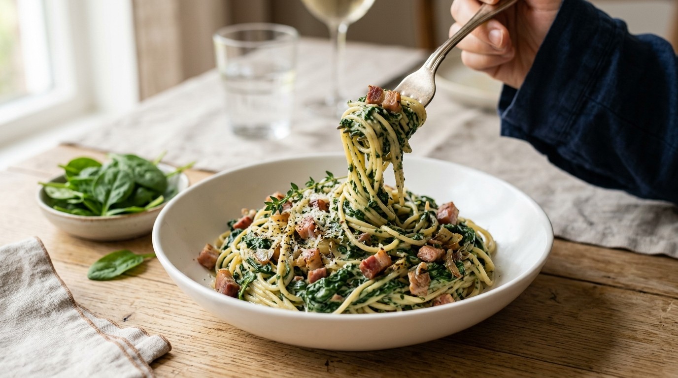 Spaghetti met Spinazie en Spekjes