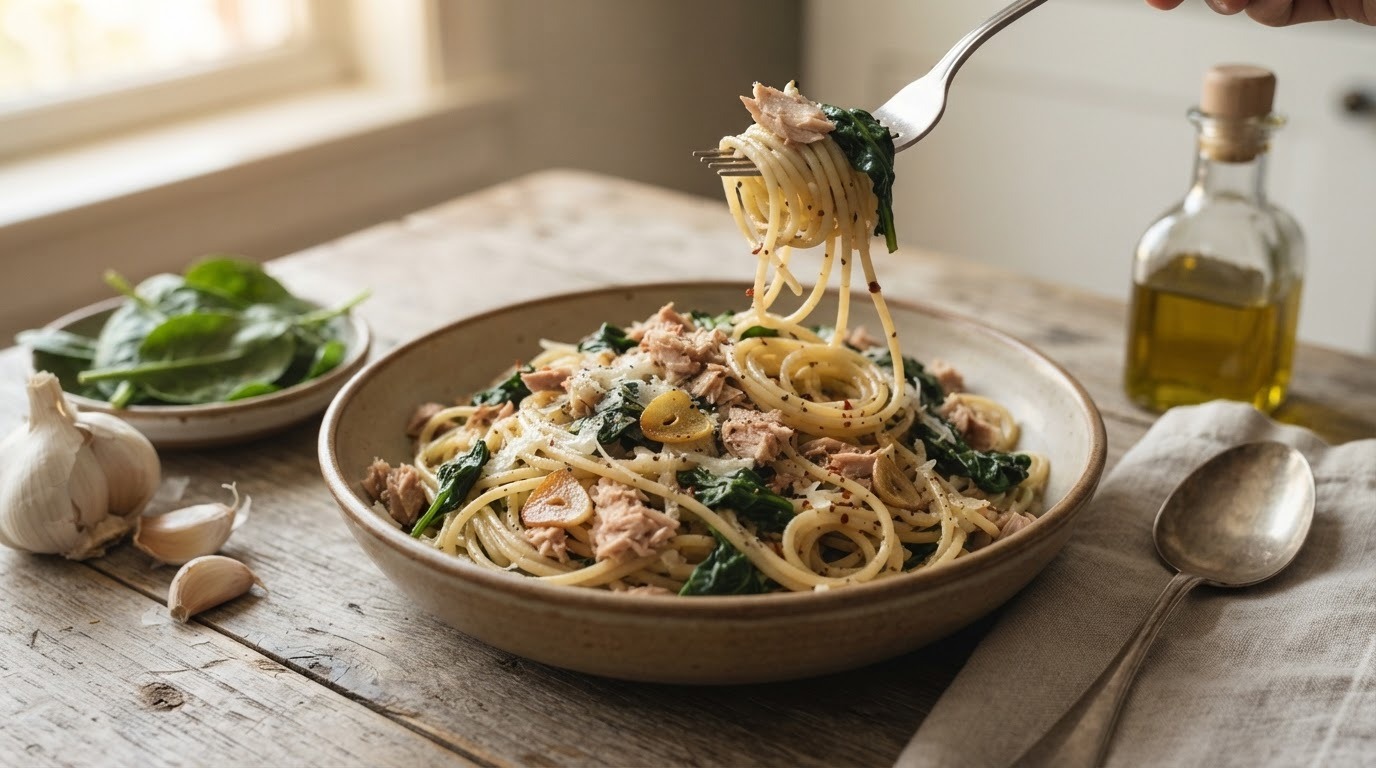 Spaghetti met Tonijn en Spinazie recept Spaghetti met Tonijn en Spinazie recept
