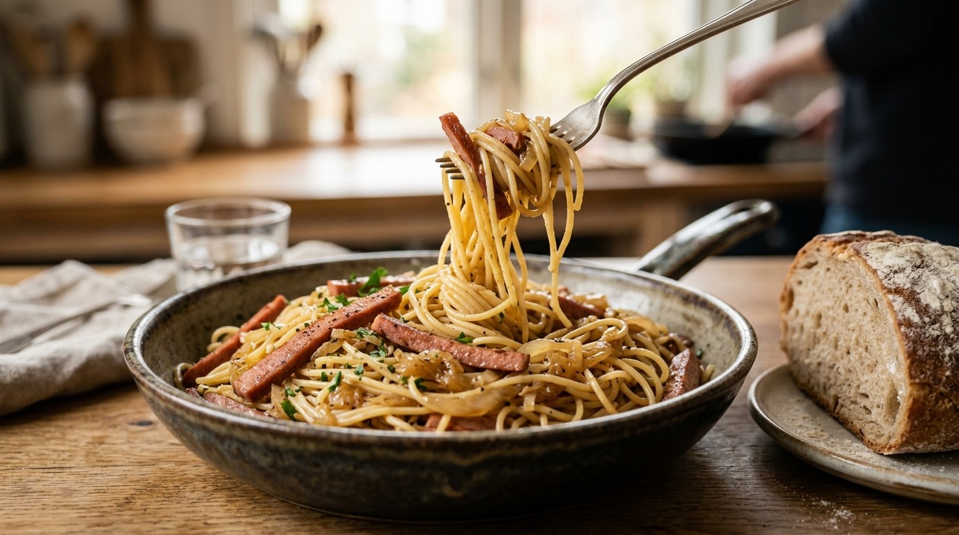 Spaghettini met Boterhamworst en ui