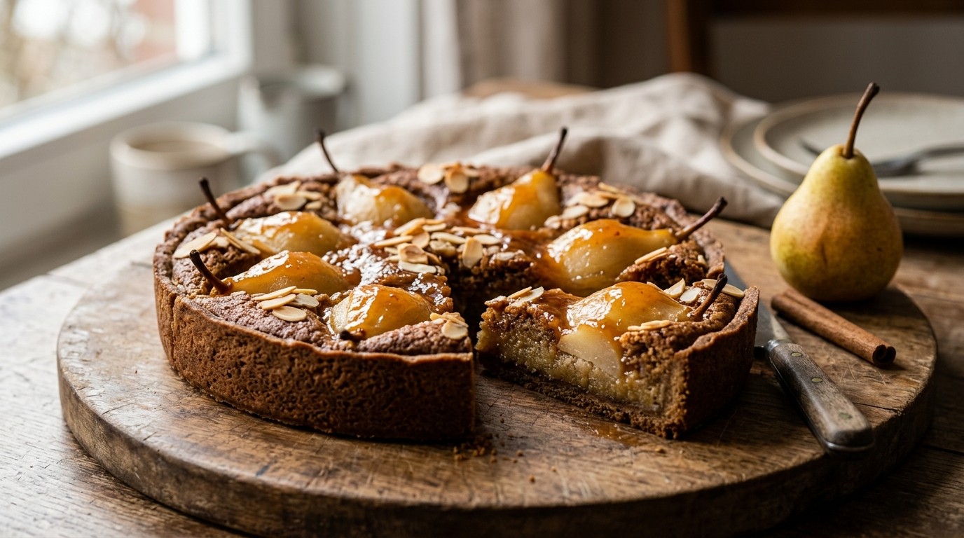 Speculaastaart met Amandelspijs, Abrikozenjam en Peren