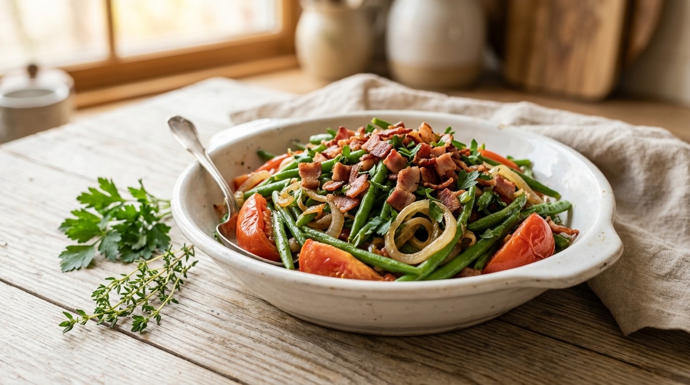 Sperziebonen met Tomaat, Bacon en ui
