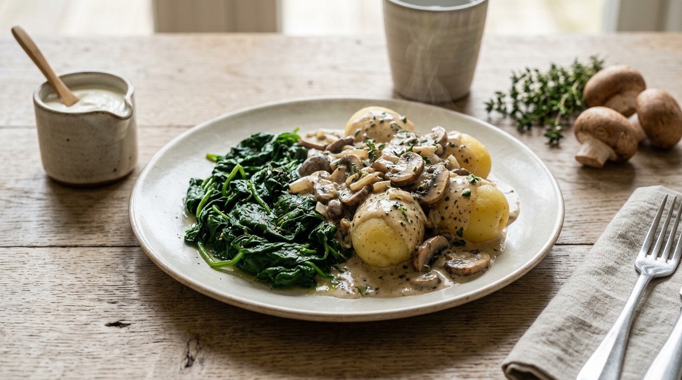 Spinazie met Aardappels en Champignonsaus