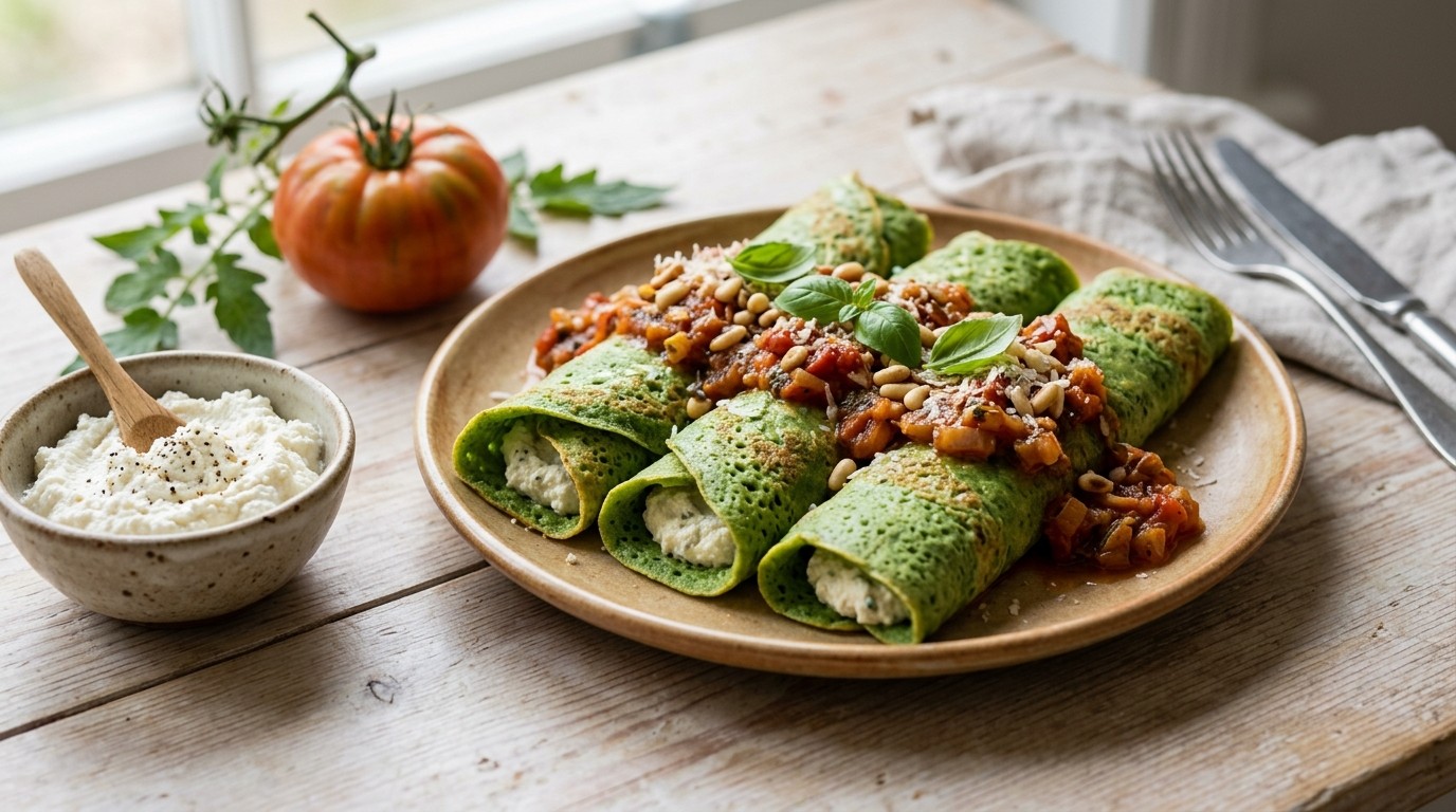 Spinazie Pannenkoeken met Tomatensaus
