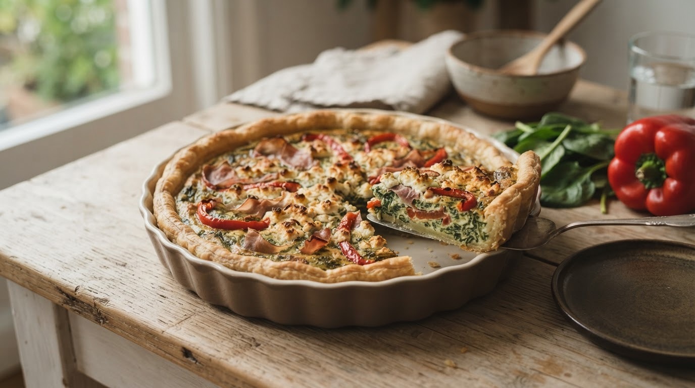 Spinazie Quiche met Paprika en Hamreepjes