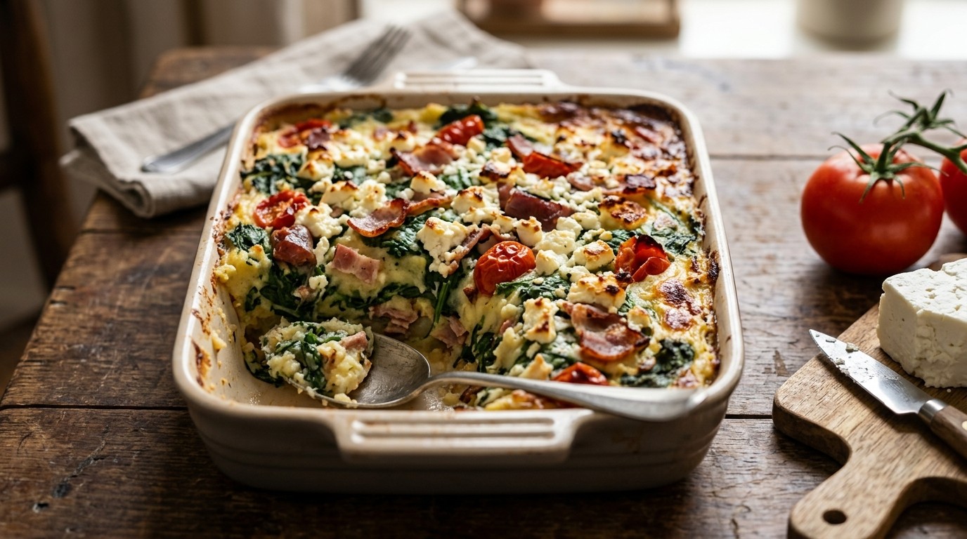 Spinazieschotel met Spekjes, Tomaat en Feta