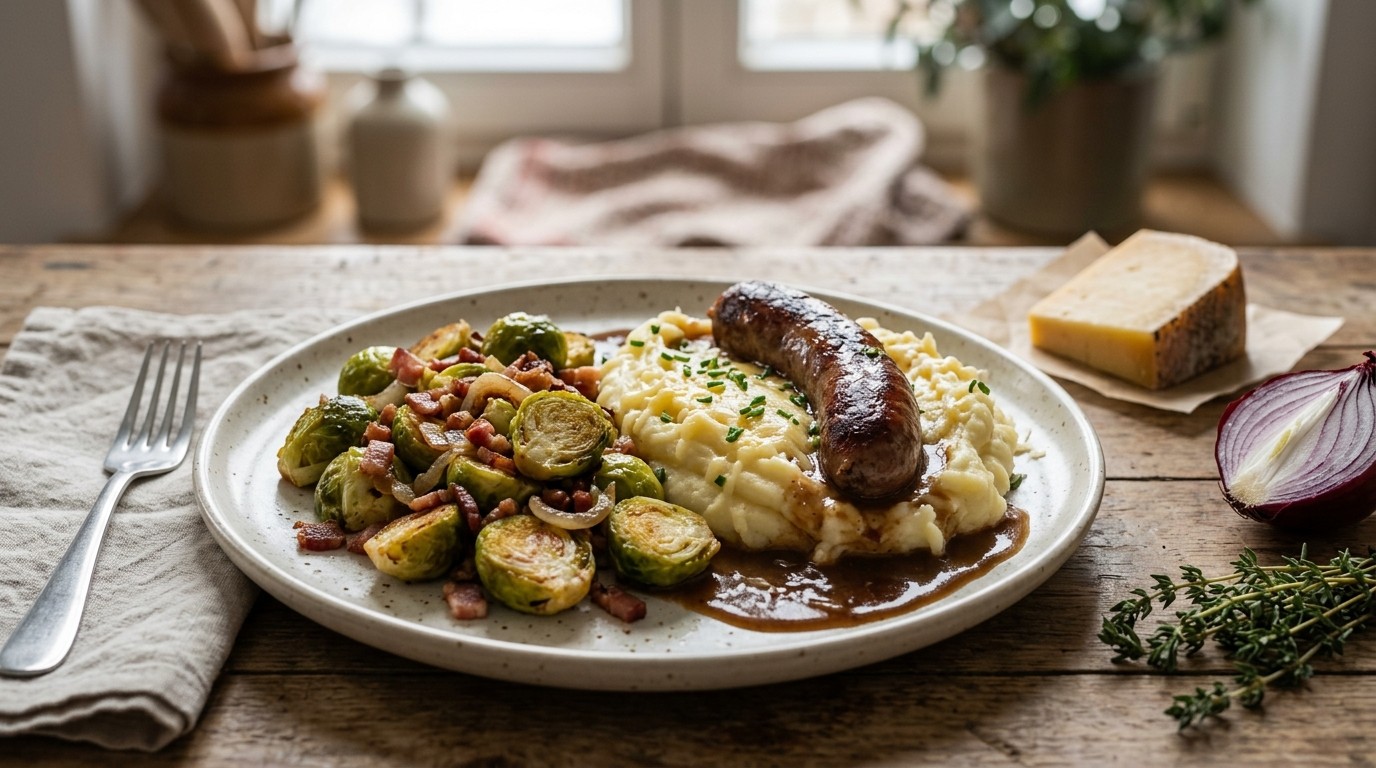 Spruiten met Spek, Uitjes en Aardappelpuree recept Spruiten met Spek, Uitjes en Aardappelpuree recept