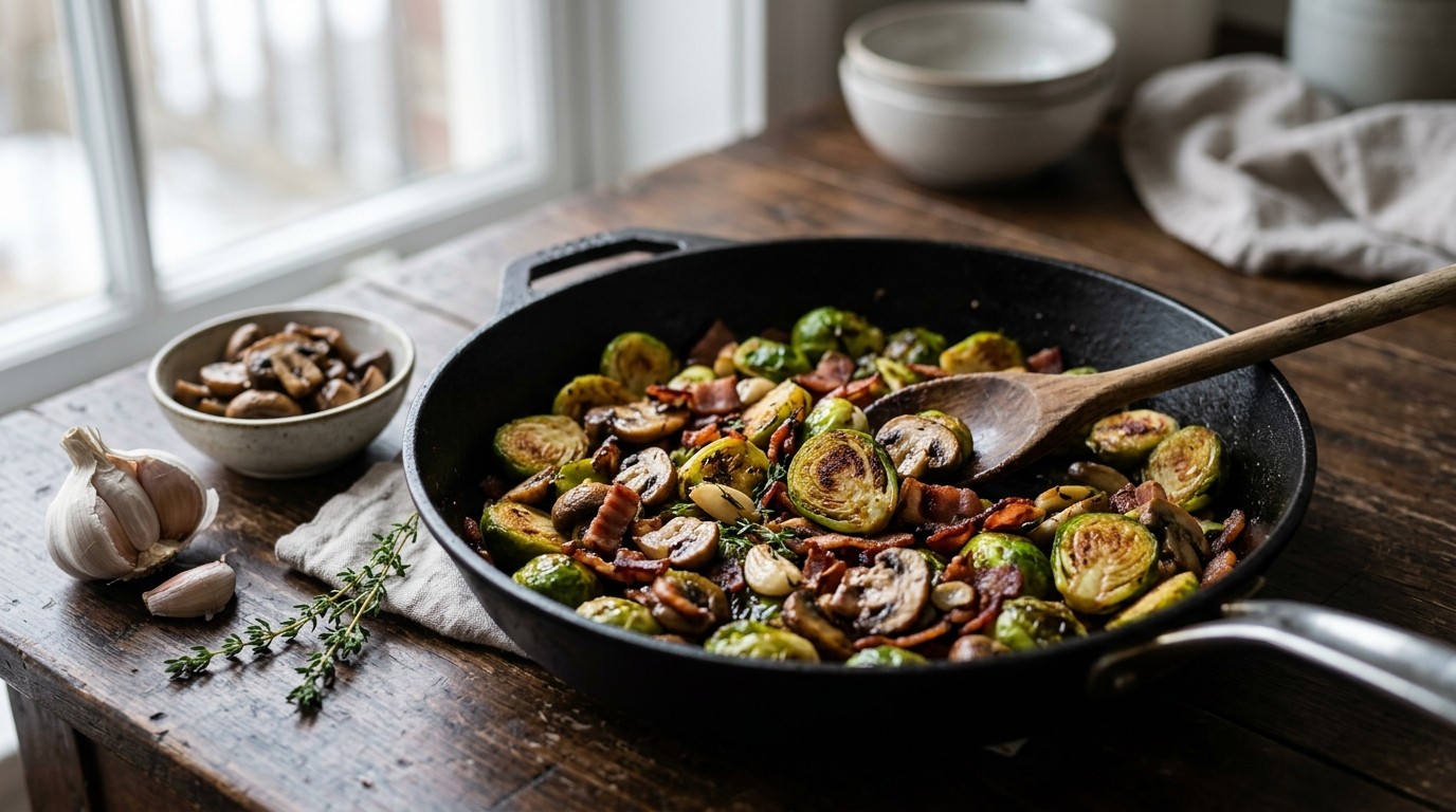 Spruiten met Uitgebakken Spek en Champignons