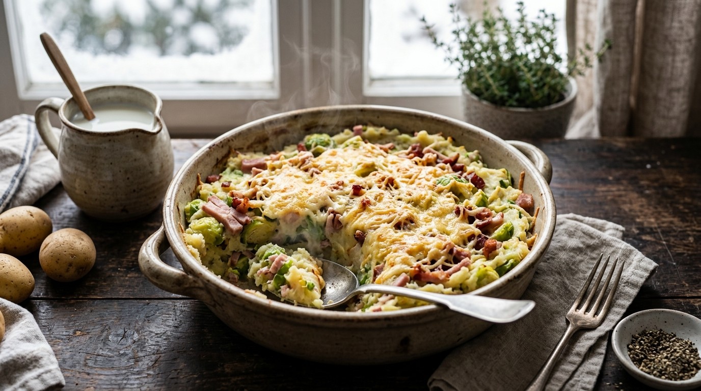 Spruitenstamppot met ham en Geraspte Kaas recept Spruitenstamppot met ham en Geraspte Kaas recept