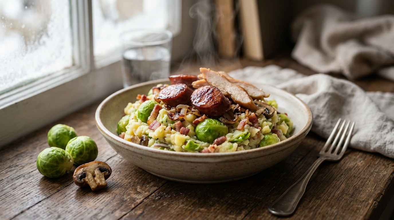 Stampot met Spruitjes, Spek, ui, Champignons