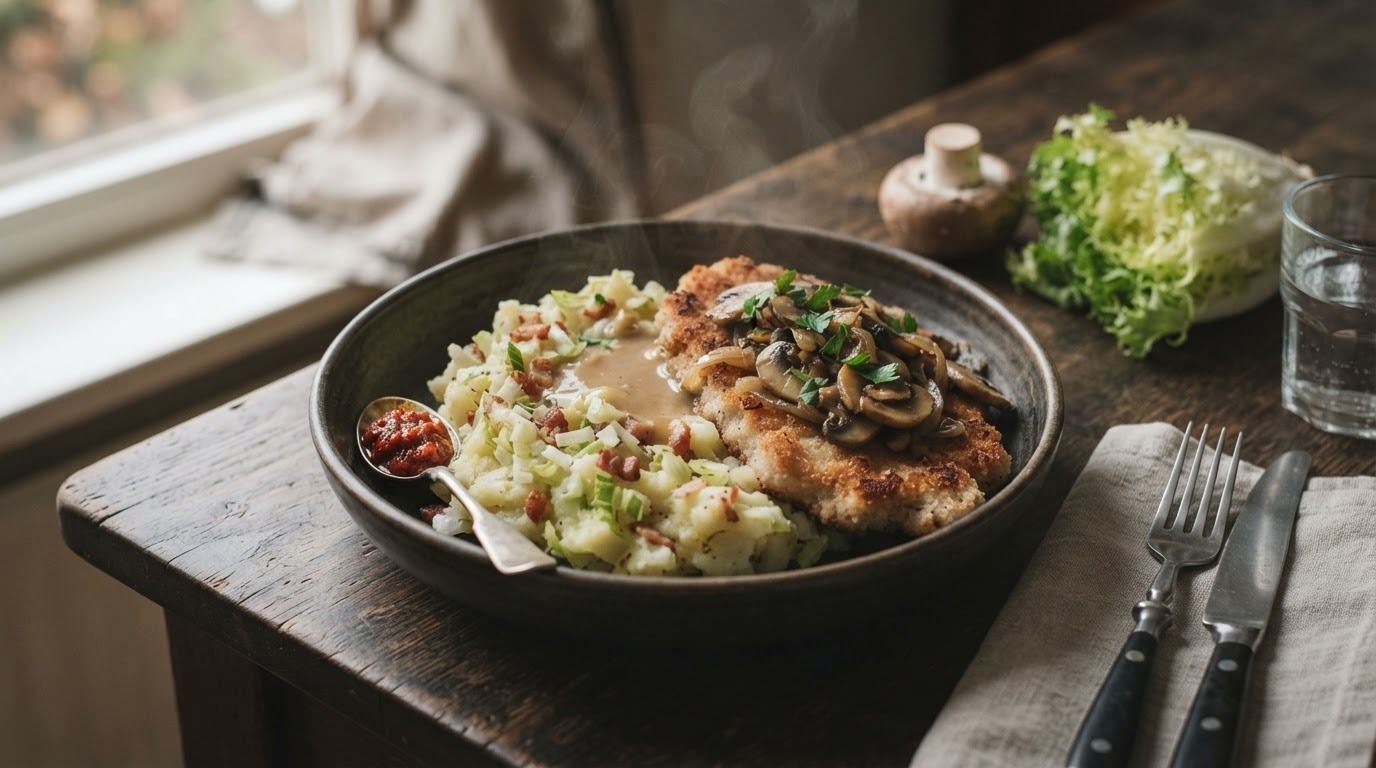 Stamppot Andijvie met Ongepaneerde Schnitzel recept Stamppot Andijvie met Ongepaneerde Schnitzel recept
