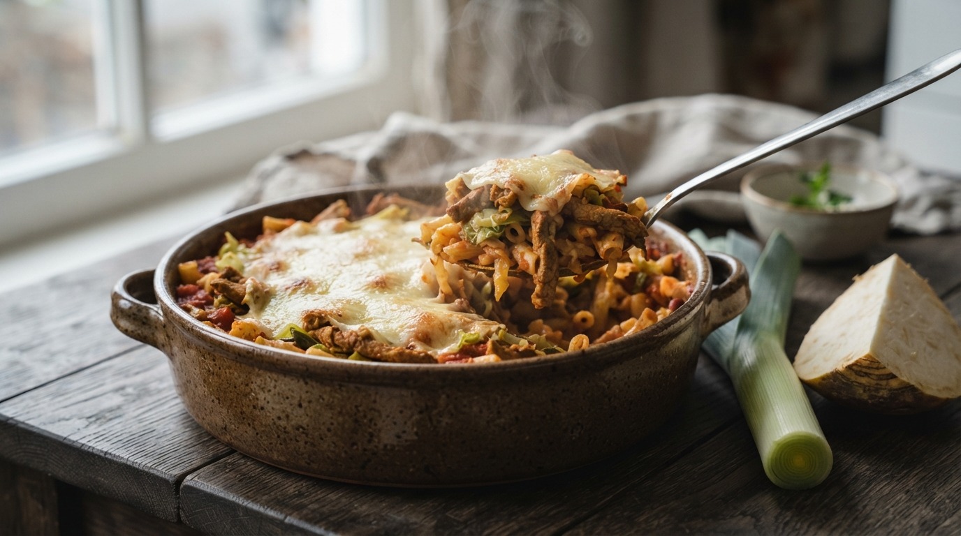 Stevige Macaronischotel met Shoarma en Wintergroenten