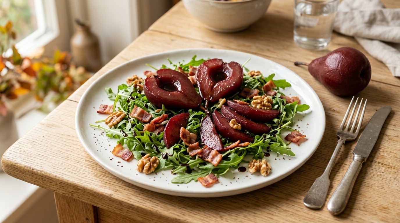 Stoofpeertjes Salade met Rucola en Spek
