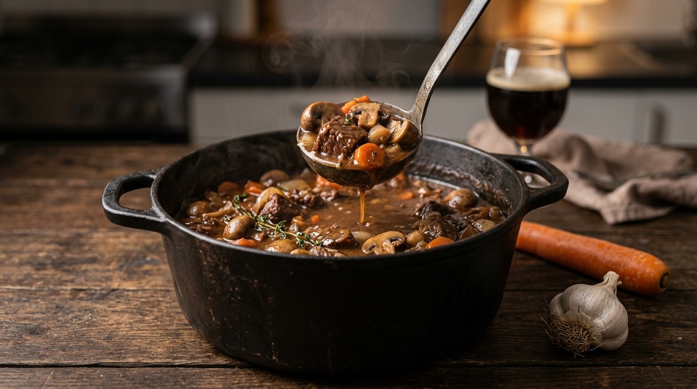 Stoofpotje met Runderlappen, Champignons en Knoflook