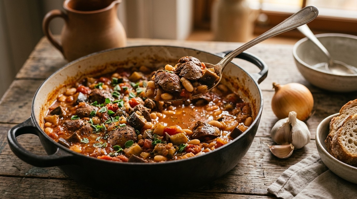 Stoofschotel van Kippenlevertjes met Witte Bonen en Aubergine