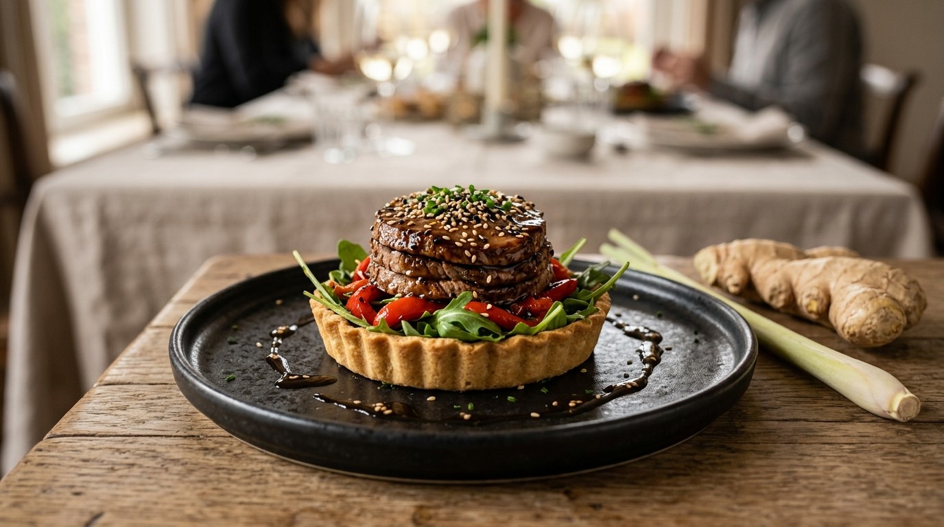 Taartje van Oosters Gemarineerde Runderlende met Sesam op een Bedje van Rocket sla met Geroosterde Paprika recept Taartje van Oosters Gemarineerde Runderlende met Sesam op een Bedje van Rocket sla met Geroosterde Paprika recept