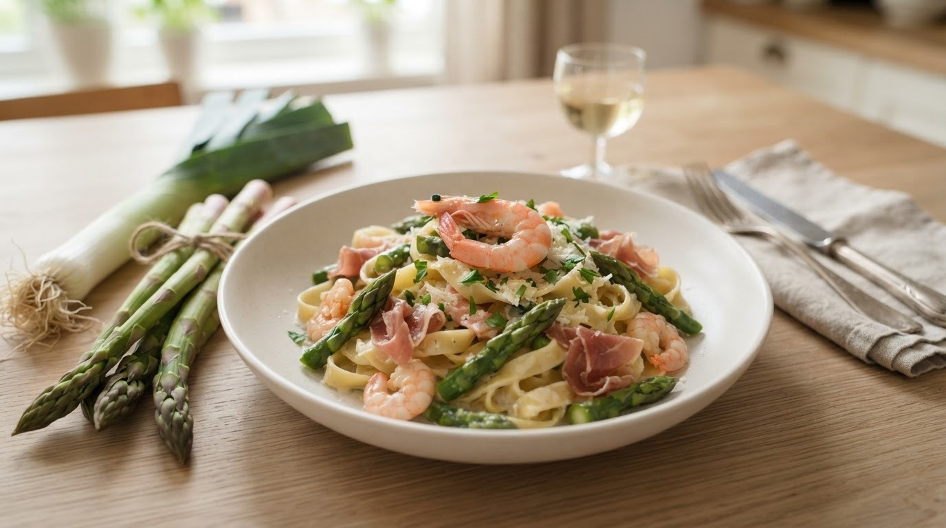 Tagliatelle met Asperges, Garnalen en ham