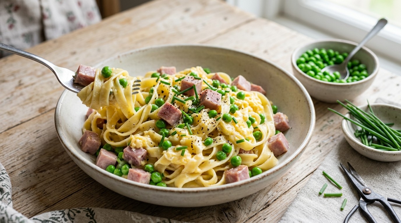 Tagliatelle met ham Doperwten en ei recept Tagliatelle met ham Doperwten en ei recept