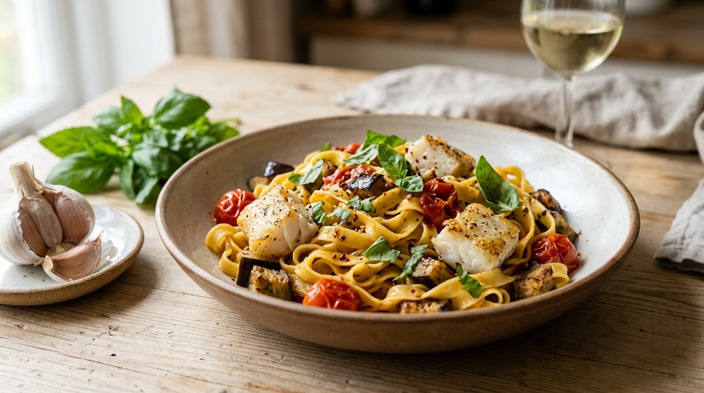 Tagliatelle met Kabeljauw, Aubergine en Kerstomaatjes