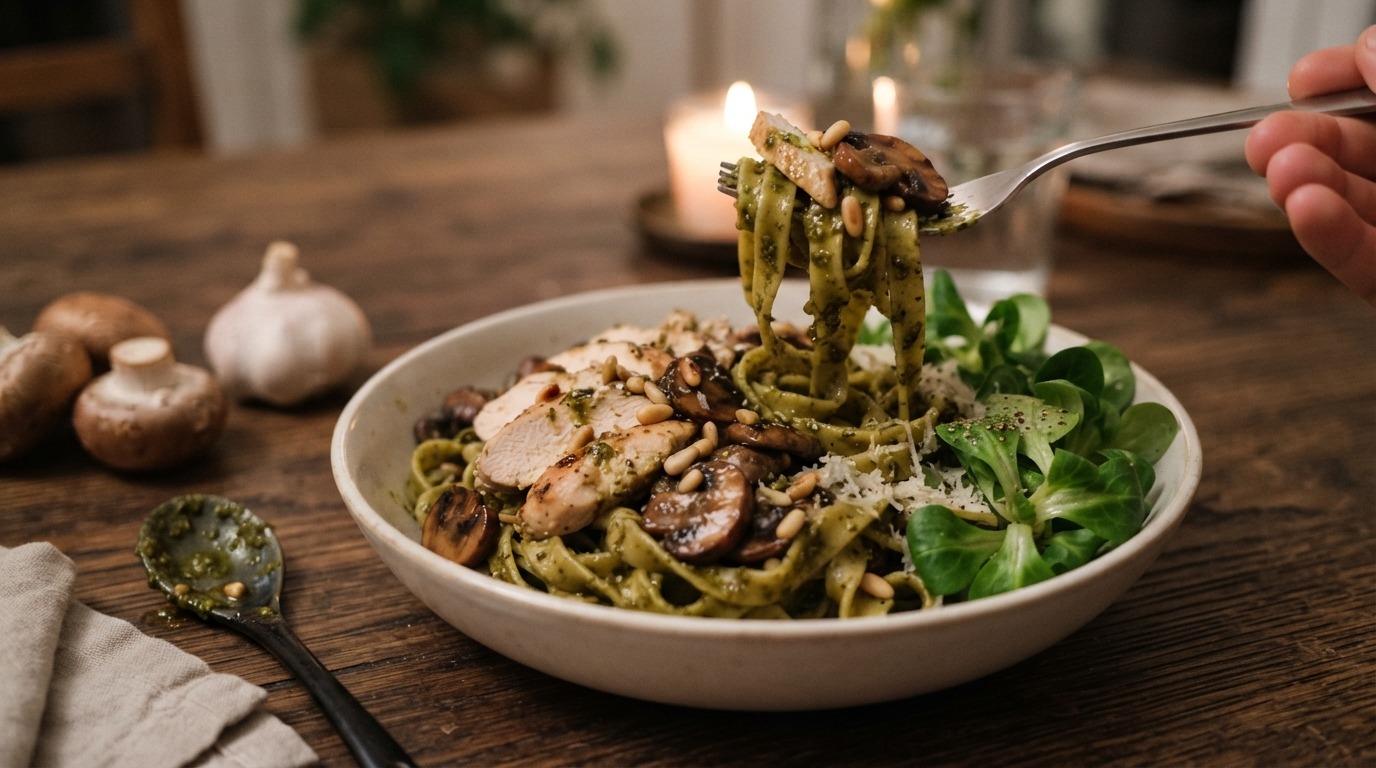 Tagliatelle met kip en Pesto
