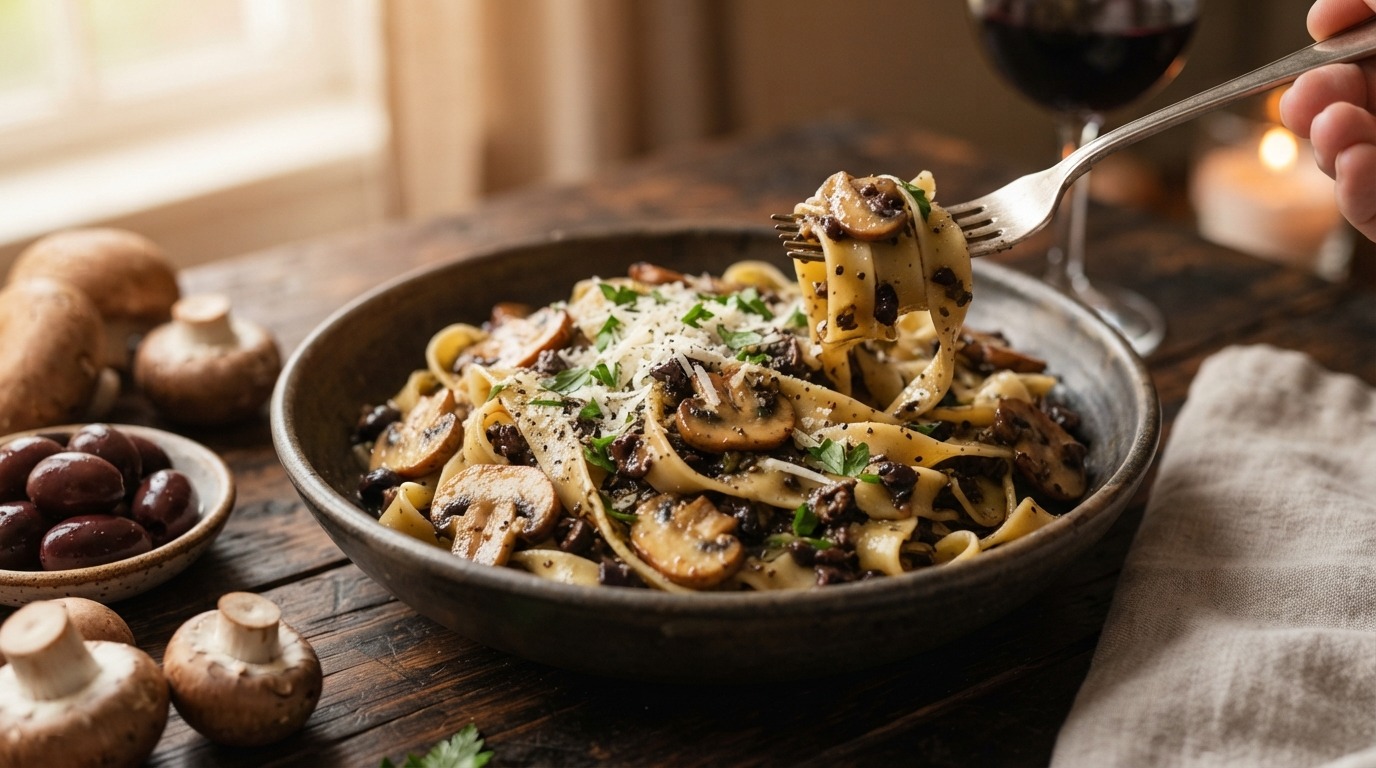 Tagliatelle met Olijvensaus en Champignons