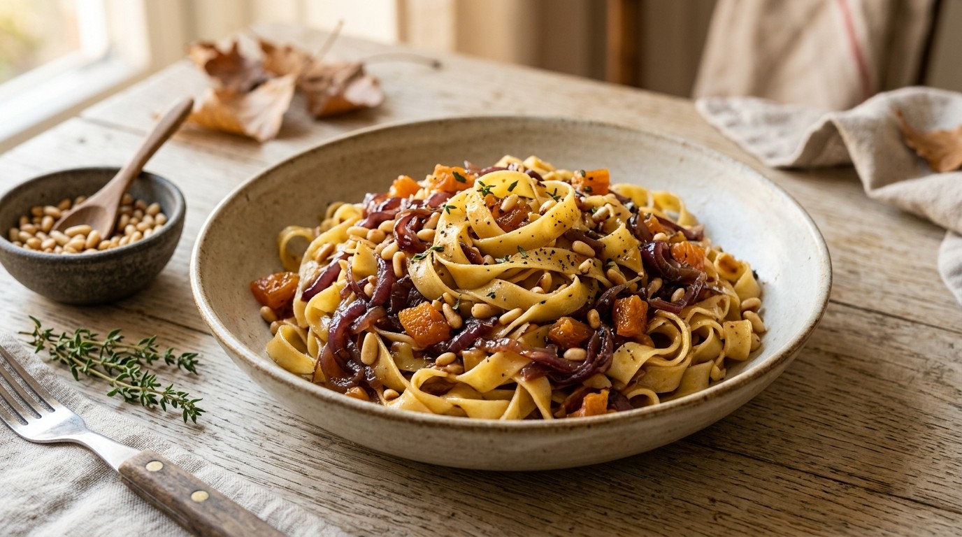Tagliatelle met Rode ui en Abrikozenjam