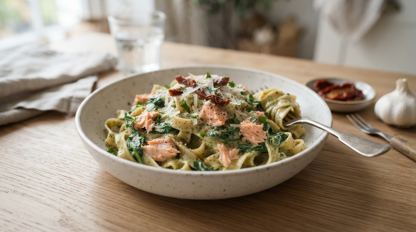 Tagliatelle met Zalm en Spinazie