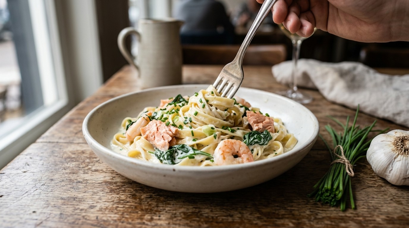 Tagliatelle met Zalm, Garnalen en Spinazie