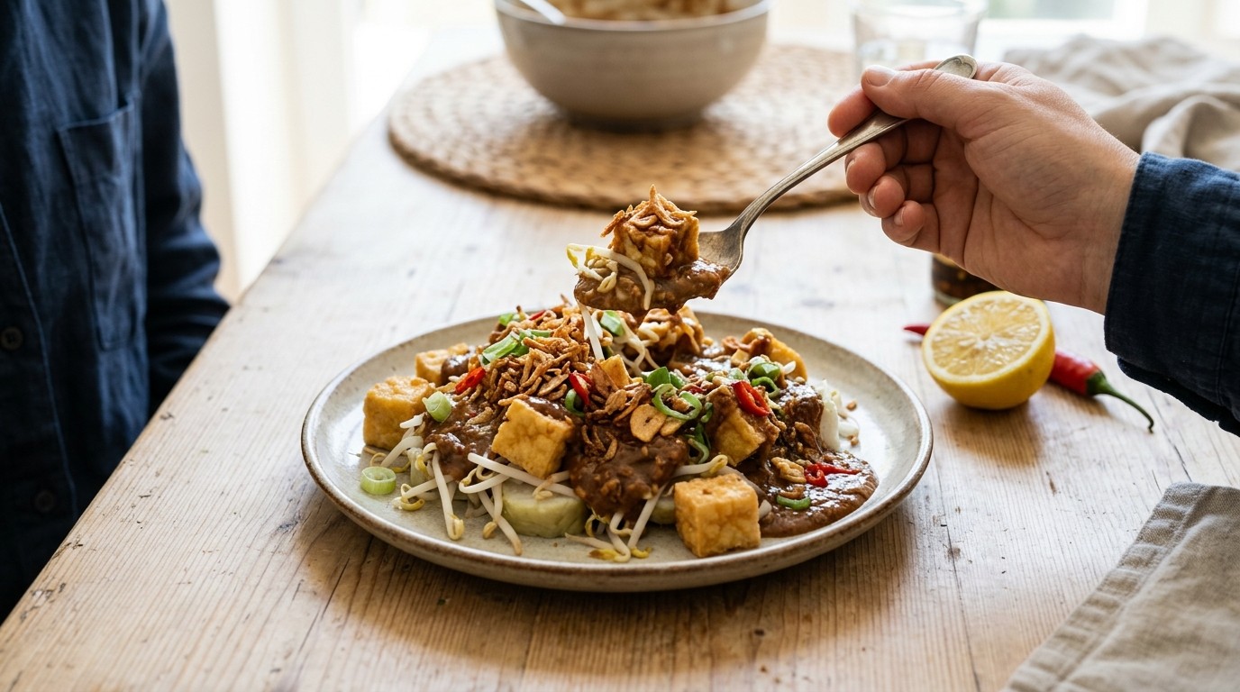 Tahoe Ketoprak (tahoe met Taugé in Ketjapsaus)